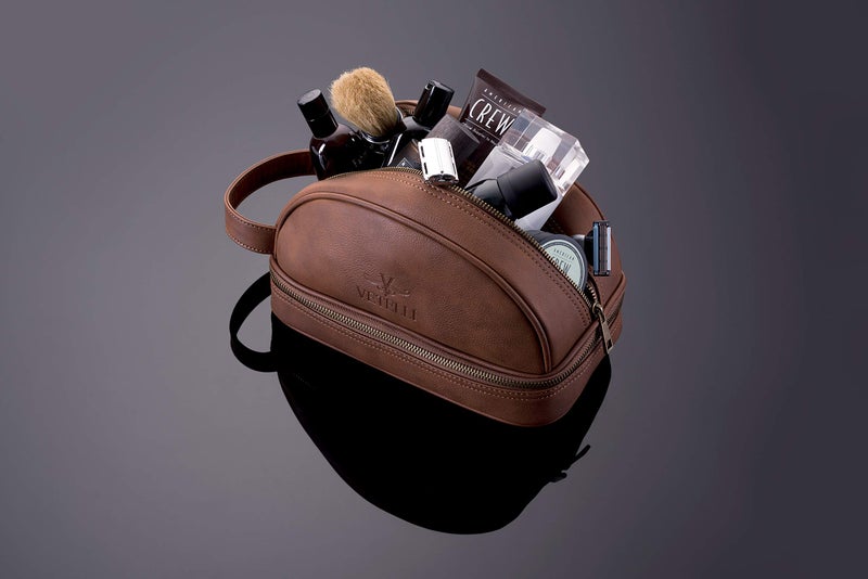 Vetelli Vetell Classic Leather Men's Travel Toiletry Bag and Dopp Kit with Upper and Lower Zippered Compartments, 2 Mesh Bottle Pouches and Carrying Handle - Image 3